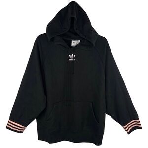 🆕 Adidas Essential Fleece Oversized Black & Pink Striped Hoodie Sweatshirt